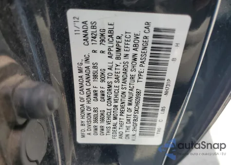 2012 Honda Civic Lx из США, поврежденный, VIN 2HGFB2F5XCH609987